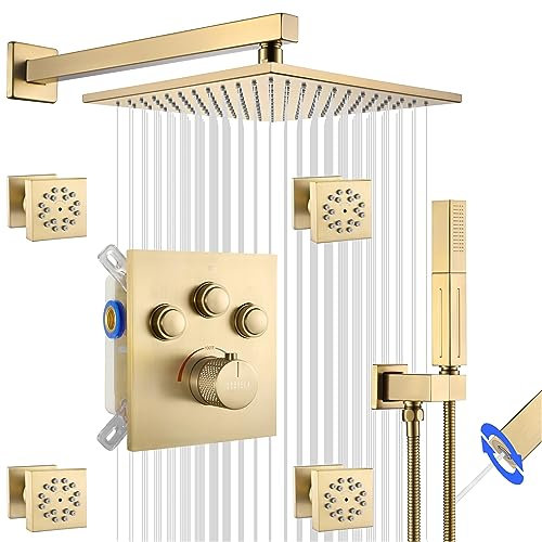 SHOYELA Thermostatisches Duschsystem mit 4 Körperdüsen, gebürstetes Gold, Druckknopf-Umsteller, Duscharmatur mit 2-in-1-Handbrause, Wandhalterung, 25,4 cm Duschkopf 【Alle Funktionen gleichzeitig
