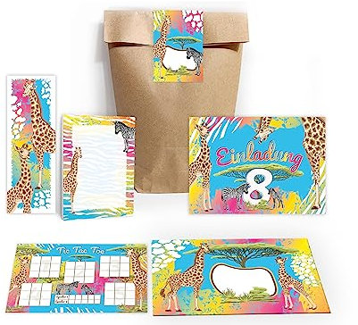 12 Einladungskarten zum 8. Geburtstag Einladung Kindergeburtstag Mädchen Jungen Safari Giraffe Zebra Pferd Sahara incl. 12 Umschläge, 12 Tüten, 12 Aufkleber, 12 Lesezeichen, 12 Blöcke, 12 Tic Tac Toe