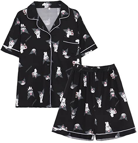 WANHONGYUE Kawaii Kuromi Pigiama Donna Ragazza Corto Estivo Due Pezzi Maglietta Manica Corta e Pantaloncini Set di Pigiama Camicie da Notte Abbigliamento per La Casa Nero M