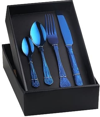 Blue Cutlery Set for 4 People, BUYER STAR 16 Piece Stainless Steel Flatware Set, Shell Shape Pattern Tableware Silverware Set with Spoon Knife and Fork Set, Dishwasher Safe & Mirror Polished