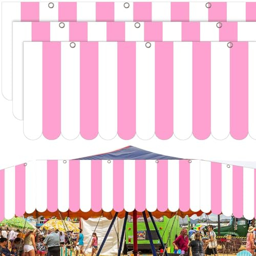 Preboun 3 Pcs Carnival Awning Decorations Tent Circus Hanging Decorations Carnival Banner Concession Stand Sign Canopy Awning for Pirate Summer Party, 9.84''x78.74'' (Pink and White)