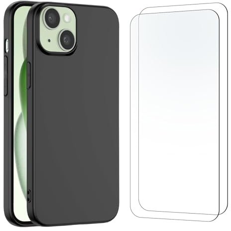 NEW'C für iPhone 15 Plus Hülle Case + 2X Panzerglas Schutzfolie Schwarz | Hülle Schwarz + 2x Displayschutz, 6,7 Zoll, Handyhülle, Stoßfest, Kratzfest, Ultradünn, Anti-Fingerabdruck, Erhöhte Ränder