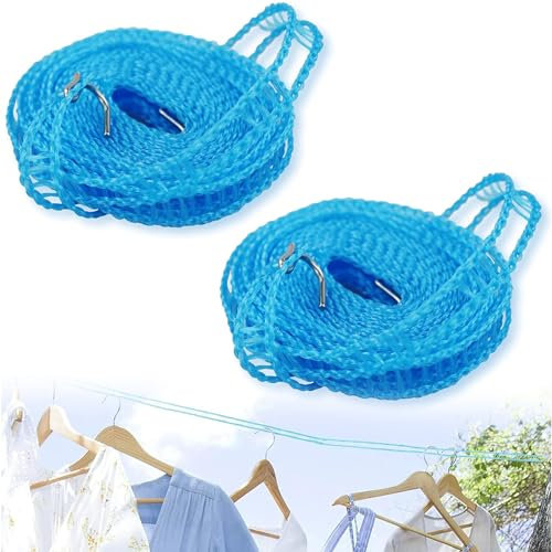 2 Piezas de Línea de Lavado de Ropa, Cuerda de Secado de Ropa, Línea de Cuerda Elástica Antideslizante, Tendederos Portátiles, Línea de Lavado a Prueba de Viento para Exteriores, para Jardín (Azul)