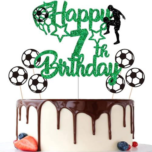 Gidobo 7th Birthday Cake Toppers, Green Glittery Cake Decorations with Football Theme, Seven Years Old Soccer Birthday Party Supplies for Boys