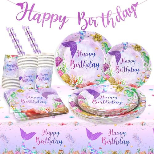 127 Pezzi Set Stoviglie Sirena Compleanno per 25 Ospiti, Decorazioni Compleanno La Sirenetta per Bambini Piatti Carta Sirena Tazza Paglia Tovaglioli per Feste Bambina