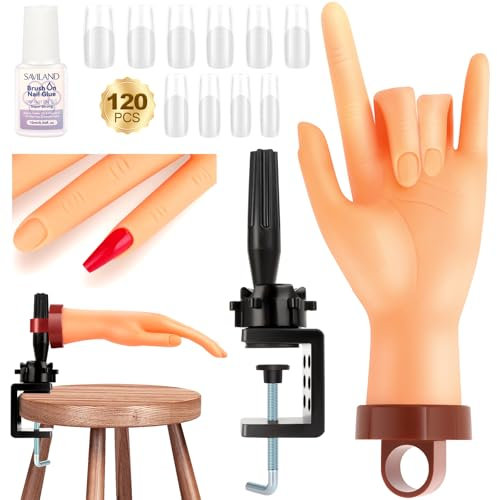 SAVILAND Practice Hand for Acrylic Nails: Flexible & Realistic Nail Practice Hand Mannequin Hand Silicone Nail Hand Practice with 120PCS Nail Tips Nail Glue for Beginners Manicure Training Home