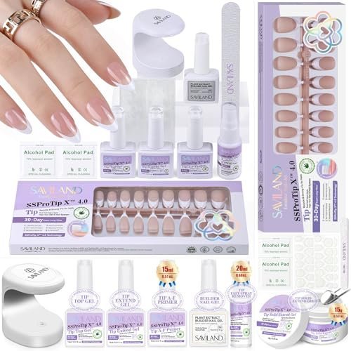 SAVILAND Kit Complet Faux Ongles Amande Courte SSProTip X™, Nudes Français Press on Nails avec Lampe a Ongle U V, Gel Construction Ongle, Huile Cuticule, Top Coat, Autocollants Adhesif, Dissolvant