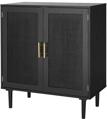 Finnhomy Sideboard Buffet Kitchen Storage Cabinet with Black Painted Rattan Decorated Doors, Dining Room, Hallway, Cupboard Console Table, Liquor/Accent Cabinet, 31.5X 15.8X 34.6 Inches, Black