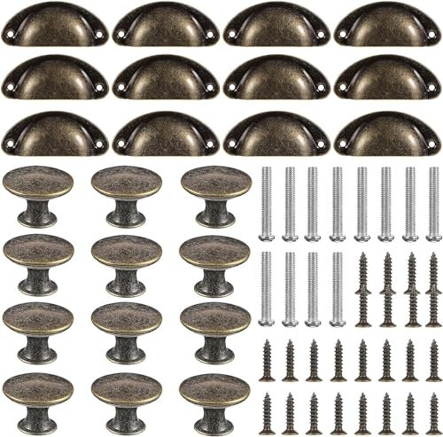 HZDSJD 24Pcs Antique Brass Cabinet Handles Vintage Shell Cup Drawer Handle Round Cupboard Handles Bronze Drawer Knobs with Screws for Cupboard Cabinet Home Office Kitchen