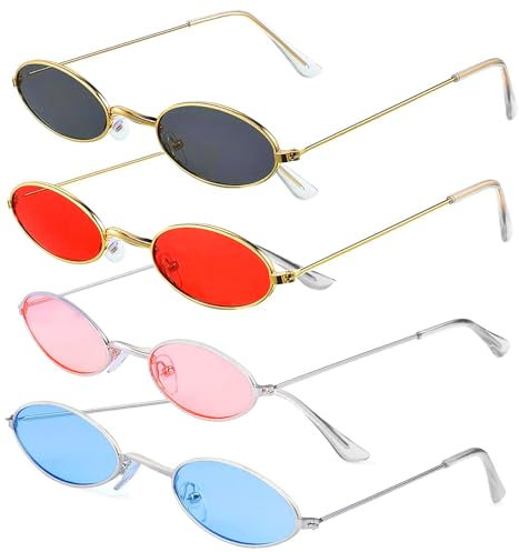 Dtoterul 4 Paar Retro Sonnenbrille Oval Brille, Vintage Sonnenbrillen Set, Sonnenbrille Damen Retro, Sonnenbrille Retro Metall, Bunte Oval Klein Sonnenbrille, Für Reisen, Selfie, Strand, Sommer