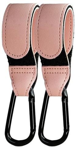 Kadem® Universal Haken 2 Stück | Halterung Kinderwagen Kinderwagenhaken Taschenhaken | vielseitig praktisch Kunstleder Klettverschluss Taschenhalter Karabinerhaken | hellrosa