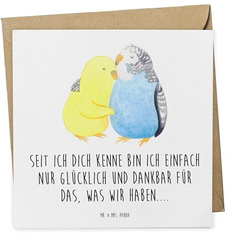 Mr. & Mrs. Panda Glückwunschkarte Wellensittich Liebe - Geschenk, Verknallt, doppelkarte, Grußkarte, Klappkarte, anlasskarte, Freundin, faltkarte, Vögel, Beziehung