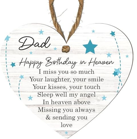 Placa de corazón de madera hecha a mano con texto en inglés Dad - Happy Birthday in Heaven - Decoración colgante conmemorativa con cordel - Regalo de duelo pensado