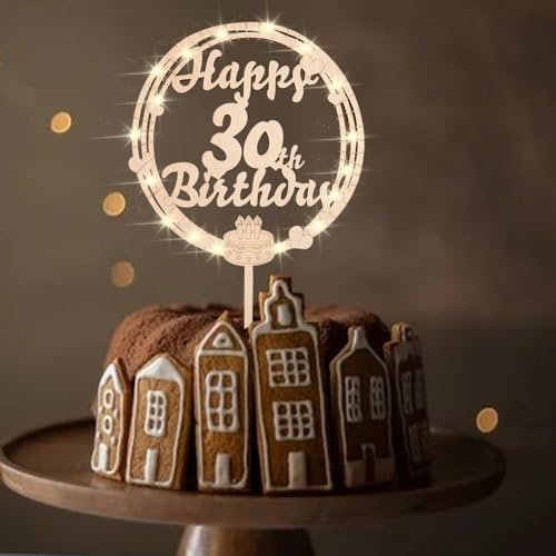 ENLACE Tortendeko 30 Geburtstag Frau Mann,Cake Topper 30 Geburtstag Holz,Torten Topper 30 Geburtstag Deko mit LED Lichterkette,Kuchen Deko 30 Geburtstag,Torten Deko Happy 30th Birthday Größe 16x24cm