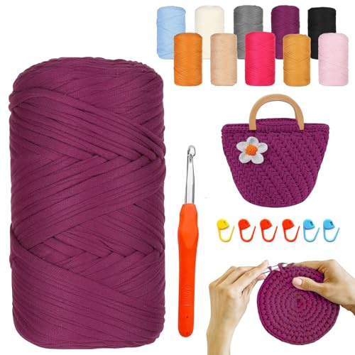 YushengTai Fettuccia, 400G/120M Fettuccia per Uncinetto con Aghi da 9,0 mm 6 Supporti, Filati per Borse Uncinetto Per Borse, Cestini, Coperte, Decorazioni per la Casa（Viola Rosato）