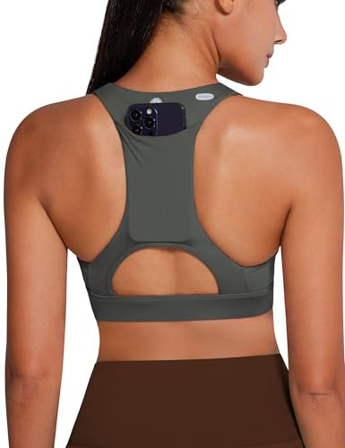 QUEENIEKE Sport-BH mit V-Ausschnitt, mit Handytasche, mittlere Unterstützung, Workout-Tops, gepolsterter Racerback-BH für Damen, grau dunkel, X-Large