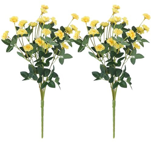 2 Bunches Artificial Rose Bushes Valentine's Day Roses Fake Flower Bundles Faux Flower Bouquets Long Stem Fabric Flowers Floral Arrangement Flowers for Garden Yellow