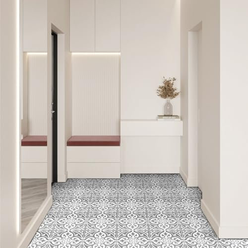 Alwayspon Vinyl Flooring, Grey Floral Self Adhesive Stick on Floor Tiles Transfer for Bathroom Kitchen, Splashback, Peel and Stick Vinyl Flooring Tiles Sticker, 12PcsX20cm/8inch