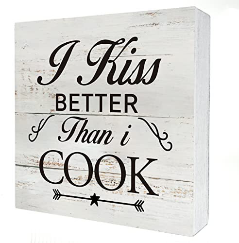 Lustiges Holzschild mit Aufschrift I Kiss Better Than I Cook, Schreibtischdekoration, rustikales Kochen, Holzblock, Schild, für Zuhause, Küche, Regal, Tischdekoration, 17,8 x 17,8 cm