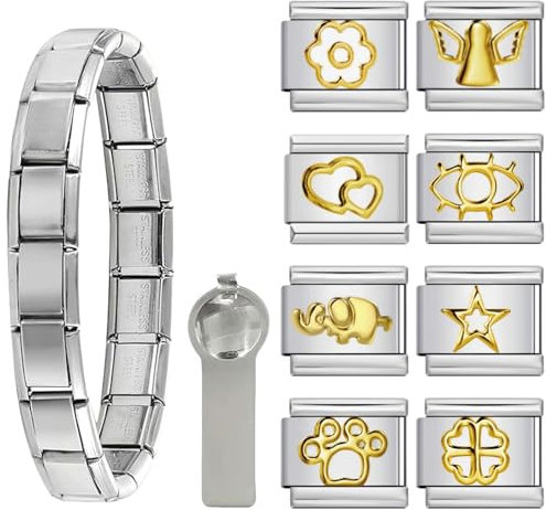 AstraGlam Bracciale A Maglie Per Donna E Uomo - Bracciale In Acciaio Inox Con 8 Ciondoli Personalizzati - Gioielli Personalizzabili, Per Ogni Occasione