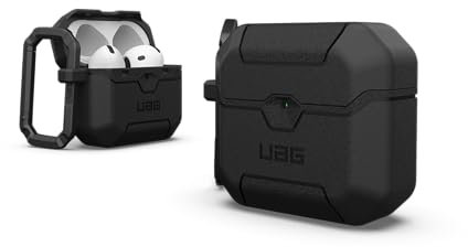 URBAN ARMOR GEAR UAG Schutzhülle für AirPods der 4. Generation, robust, sturzsichere Schutzhülle in Militärqualität, mit abnehmbarem Karabinerhaken und sicherem Lippenverschluss, Schwarz