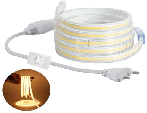 H+H Leipzig COB LED Stripe Set, LED Streifen Band Lichtschlauch Leiste Kette, Teilmöglichkeit aller 10 cm, 360LEDs pro Meter, IP20 Netzkabel mit Eurostecker (02 Meter, Warmweiß (3000K), mit Schalter)