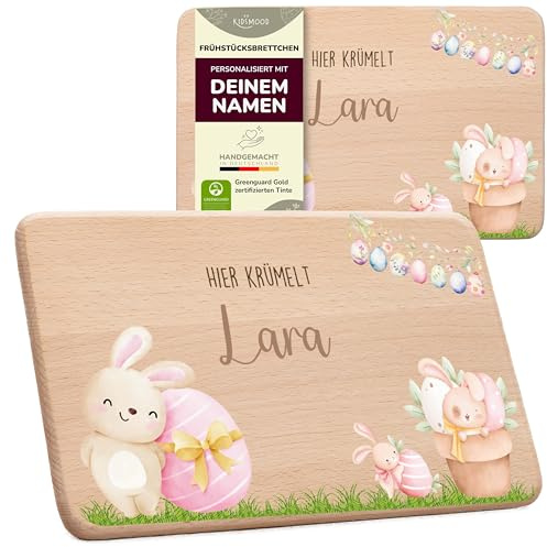 Kidsmood Oster-Frühstücksbrettchen mit Namen – Schneidebrett Holz & Handgraviert für Osterfrühstück mit Zauberhaftem Zarter Osterreigen mit Hasen – Personalisiertes Ostergeschenk für Kinder & Familie