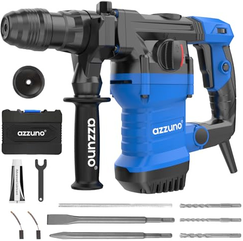 AZZUNO 1-1/4 SDS-Plus 15Amp Heavy Duty Rotary Hammer Drill, 4 Functions, for Drilling in Concrete, Brick and Stone, Includes Chisel and Drill Bits