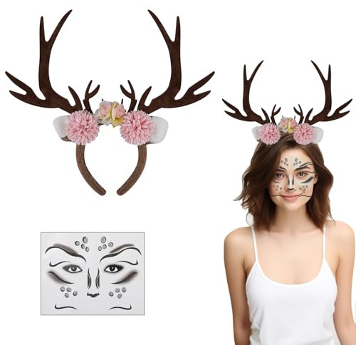 Aruigu Karneval Kostüm Damen Mädchen, Haarreif Reh Geweih Hörner Rehohren mit Blumen + Reh Gesichtstattoo, Damen Kinder Reh kostüm Kopfschmuck Haarreifen Halloween Kostüm (Reh Haarreif mit 4 Blumen)