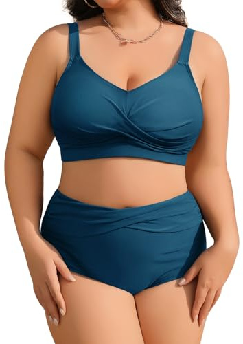heekpek Bikini Damen Set Bauchweg Badeanzug Große Größen Zweiteiliger Damen Sommer Bademode V-Ausschnitt High Waist Bikini Plus Size Damen