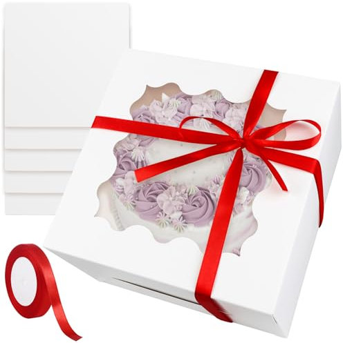 Scatola per Torte 20.5x20.5x12.5cm 5 Set Scatola per Dolci in Cartone con Bordo per Torte e Nastro Regalo (8x8x5inch)