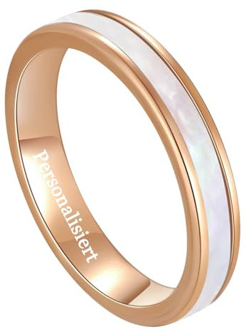 Vakki Personalisiert Ringe aus Roségold 4mm Wolfram Ring für Damen Weißer Perlmutt Ehering Frauenring für Hochzeit, Versprechen, Täglich, Größe 62(19.7)