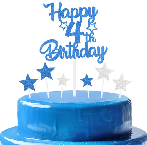 mciskin Royal Blue 4th Birthday Decorations for Boys,Personalised Happy 4th Birthday Cupcake Toppers for Cake,Glitter Royal Blue Cake Toppers for Girls Boys Women Men Party Favor Supplies Decor