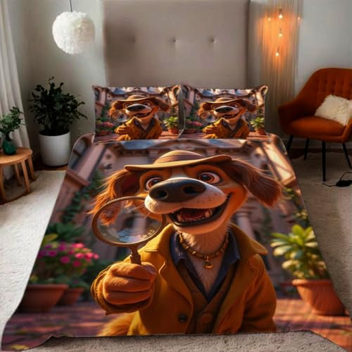 Zbeiba Bettwäsche 135x200 Detektiv Stil Lupe Hund Muster 3D Drucke geeignet für Teenager Kinder Bettwäsche-Set Mikrofaser Bettbezug Mit Reißverschluss Und 2 Kissenbezug (135x200+2 * 80x80,#5