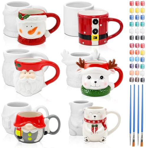 Vesici Set of 6 Ceramic Christmas Mugs Paint Craft Kit DIY Ceramics Plaster Cup for Adults Kids Classroom Art Project Christmas Favors Party Decoration Paint & Brushes Included