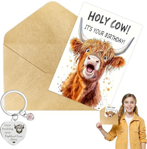 ELNX Highland Kuh Geburtstagskarte, Lustige Karte mit Schlüsselanhänger, Geburtstagskarte mit Umschlag, Geschenke für Frauen, Mama, Ehefrau, Tochter, Schwester, Freundin (Set B)