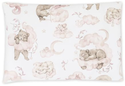Balbina Kissenbezug 80 x 80 cm für Kinder & Babys, Kopfkissenbezug100% Baumwolle, für Kinderzimmer, Kinderwagen oder Kinderbett, Baumwoll-Kopfkissenbezug mit Reißverschluss, Teddybär/Rosa/Grau