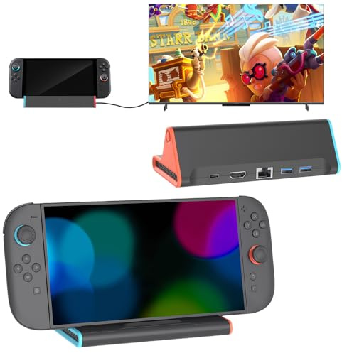 Switch 2 Dock, Docking Station für Nintendo Switch 2, Tragbare TV Dock Kompatibel mit 1Gbps Ethernet/4K HDMI/PD 100W/2*USB 3.0Port, Ladestation Ständer Ersatz für Offizielle (Mit LAN Port)