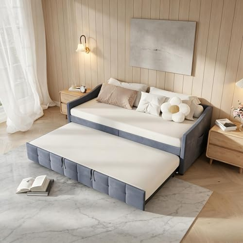 PerGar Schlafsofa 90/180 x 200 cm, Ausziehbares Tagesbett mit Holzlattenrost, Schlafcouch mit Bettkasten, Ausziehbett, Einzelbett/Doppelbett, Multifunktionsbett, Flanell, Ohne Matratze (Grau)