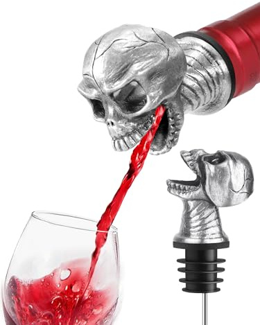 Wine Pourer & Bottle Stopper, Drip-Free Aerator Spout Fits Standard Wine/Liquor Bottles, Zinc-Alloy Bar Accessory with Secure Silicone Cork, No-Spill Wine Dispenser, Gift for Men (Grim Skull)