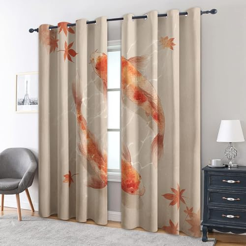 Generisch Japanisch Vorhänge Blickdicht, 137 cm Lang, Fisch Chinesisch Asiatisch Thermo Gardinen mit Ösen, Wohnzimmer Schlafzimmer Deko Blackout Curtains H 137 x B 117, 2 Stück FQ44