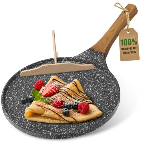 YASHE 26cm Nonstick Crepe Pan with Wooden Spreader, Induction Cooktop | Non-Toxic Pancake Pan Tortilla Dosa Tawa, Granite Flat Griddle Pan PFOA Free Easy to Clean