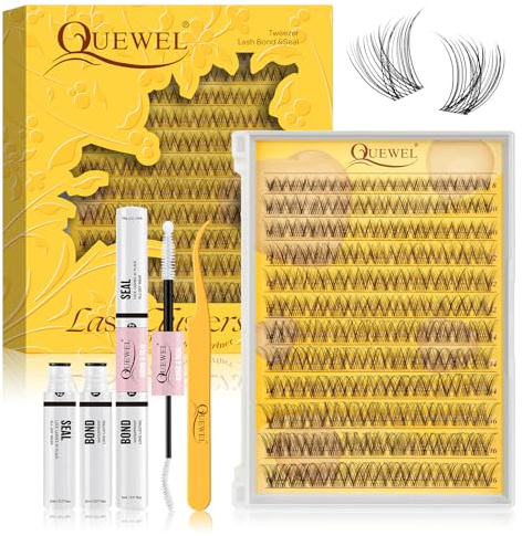 QUEWEL Cluster-Lashes-Kit, Wispy Lash Clusters with Lash Bond and Seal and Tweezer, Natural Look Individual Eyelashes Easy to use DIY at Home (SBQ-D-2）