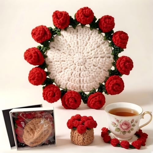 Chimley Handmade Crochet Rose Ornament, 3D Knitted Flower Home Decor. | Transforms Into a Coaster, Unique Gift for Her, Mum, Tea & Coffee Lovers, Cute Cottagecore Accent for Office, Table, Shelf
