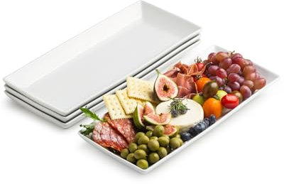 LAUCHUH Serving Platters and Tray White Serving Dishes for Entertaining 14-inch Large Rectangle Plates for Christmas, Porcelain Serving Trays for Steak, Taco, Sushi, Appetizer, Party, Set of 4