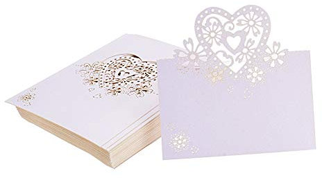 FLOWOW 50x Bianco Cuore Scheda Laser Taglio Tavolo Intagliato Nome Luogo Carte Cartolina Segnaposto segnatavolo bomboniera per Guest Compleanno Matrimonio Natale segna segnaposti Nozze Partito Favore
