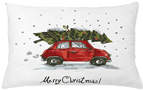 ABAKUHAUS Weihnachten Kissenbezug, Retro-Auto mit Baum, Kissenhülle mit Reißverschluss Waschbar Farbfest Beidseitiger Druck, 65 x 40 cm, Grün Rot