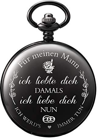 TREEWETO Taschenuhr mit Gravur Kette Herren Schwarz Geschenk zum Geburtstag Hochzeitstag Jahrestag Ehemann