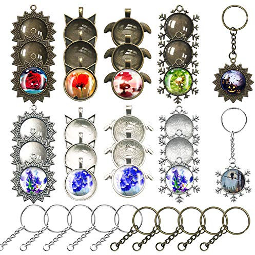 Allazone 58 Stück Anhänger Set mit Glaskuppel, Sonne, Flügel, Katze, Schneeflocken Anhänger Zubehör Tabletts, 10 Stück Hängende Schnalle für Schmuckherstellung, Handwerk, Halskette