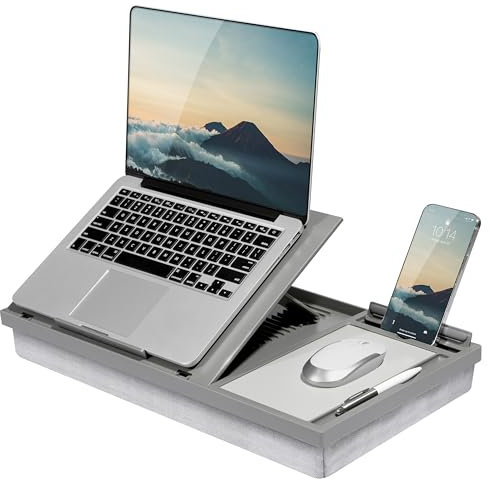 LAPGEAR Ergo Pro Schoßschreibtisch mit 20 verstellbaren Winkeln, Mauspad und Handyhalterung, passend für Laptops bis zu 39,6 cm (15,6 Zoll) und die meisten Tablets, Grau, Style-Nr. 49405